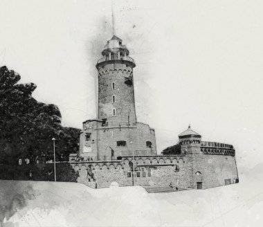 Kolobrzeg el çizimi suluboya deniz feneri illüstrasyon sanat eskizi çizimi