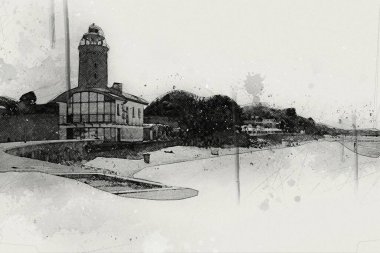 Kolobrzeg el çizimi suluboya deniz feneri illüstrasyon sanat eskizi çizimi