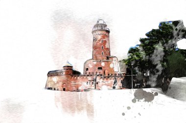 Kolobrzeg el çizimi suluboya deniz feneri illüstrasyon sanat eskizi çizimi