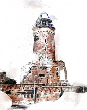 Kolobrzeg el çizimi suluboya deniz feneri illüstrasyon sanat eskizi çizimi