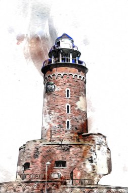 Kolobrzeg el çizimi suluboya deniz feneri illüstrasyon sanat eskizi çizimi