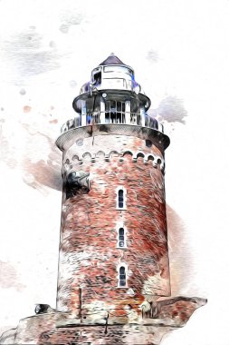 Kolobrzeg el çizimi suluboya deniz feneri illüstrasyon sanat eskizi çizimi