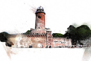 Kolobrzeg el çizimi suluboya deniz feneri illüstrasyon sanat eskizi çizimi