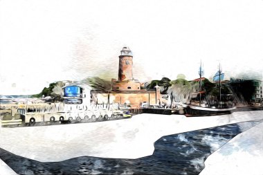Kolobrzeg el çizimi suluboya deniz feneri illüstrasyon sanat eskizi çizimi