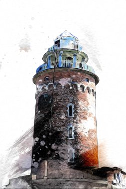 Kolobrzeg el çizimi suluboya deniz feneri illüstrasyon sanat eskizi çizimi