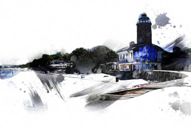 Kolobrzeg el çizimi suluboya deniz feneri illüstrasyon sanat eskizi çizimi