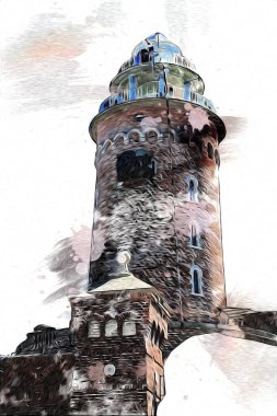 Kolobrzeg el çizimi suluboya deniz feneri illüstrasyon sanat eskizi çizimi