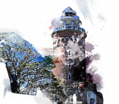 Kolobrzeg el çizimi suluboya deniz feneri illüstrasyon sanat eskizi çizimi