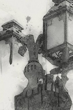 Antika sokak feneri el yapımı sanat eskileri çiziyor.
