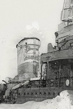 Savaş gemisi deniz illüstrasyonu antika sanat eseri çizimi