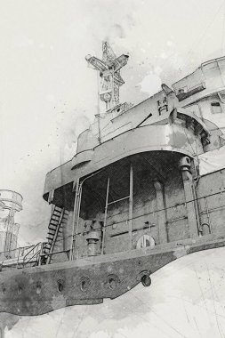 Savaş gemisi deniz illüstrasyonu antika sanat eseri çizimi