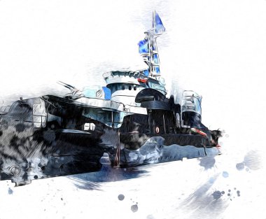 Savaş gemisi deniz illüstrasyonu antika sanat eseri çizimi