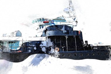 Savaş gemisi deniz illüstrasyonu antika sanat eseri çizimi