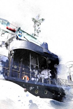Savaş gemisi deniz illüstrasyonu antika sanat eseri çizimi