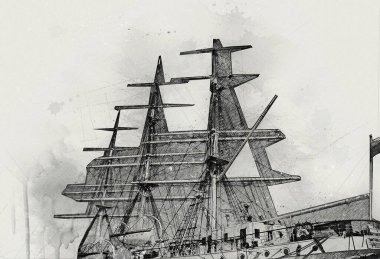 Antika tekne deniz motifi el yapımı sanat eseri çizimi