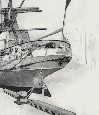 Antika tekne deniz motifi el yapımı sanat eseri çizimi