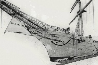 Antika tekne deniz motifi el yapımı sanat eseri çizimi