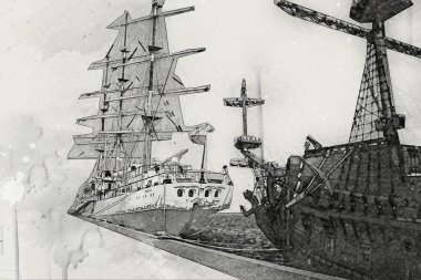 Antika tekne deniz motifi el yapımı sanat eseri çizimi