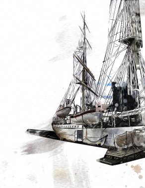 Antika tekne deniz motifi el yapımı sanat eseri çizimi