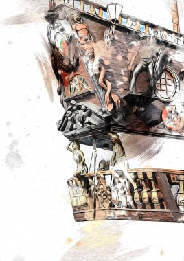 Antika tekne deniz motifi el yapımı sanat eseri çizimi