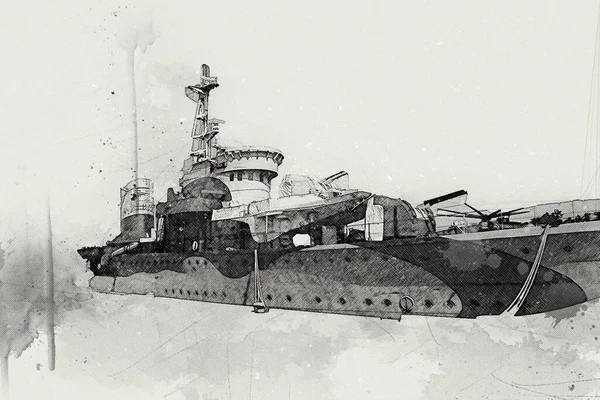 Battleship Mar Ilustração Antiguidade Vintage Arte Desenho — Fotografia de Stock