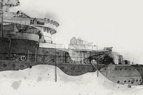 Battleship Sea Illustration Antique Vintage Art Drawing — Stock Photo, Image