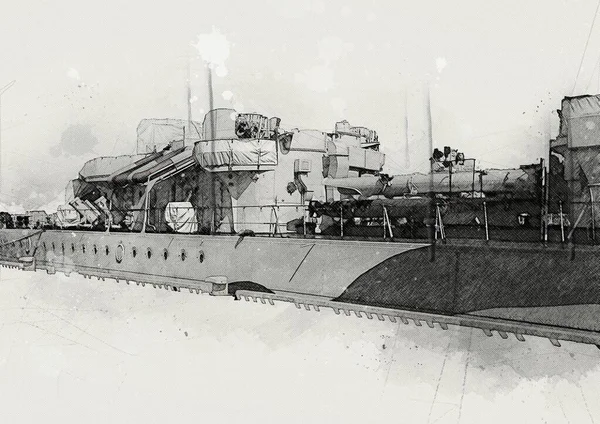 Slagschip Zee Illustratie Antieke Vintage Kunst Tekening — Stockfoto