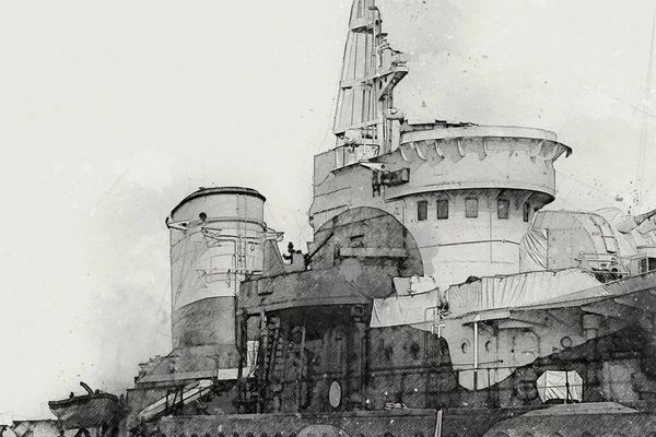 Schlachtschiff Meer Illustration Antike Vintage Art Zeichnung — Stockfoto