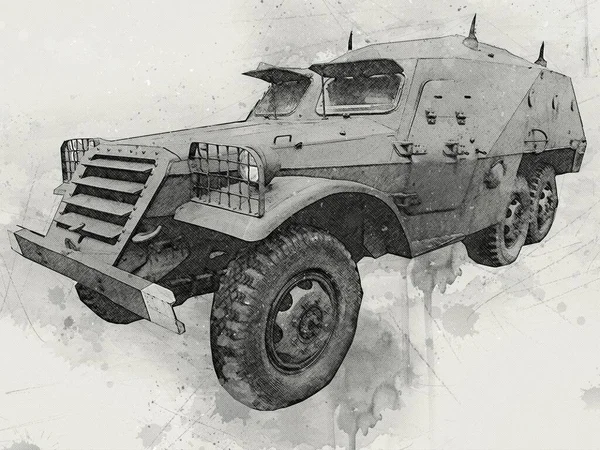 Pantservoertuig Technische Militaire Vrachtwagen Kunst Illustratie Geïsoleerde Schets — Stockfoto