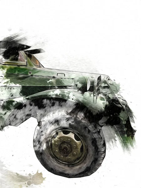 Opancerzony Pojazd Techniczny Wojskowy Ciężarówka Sztuka Ilustracja Odizolowany Szkic — Zdjęcie stockowe
