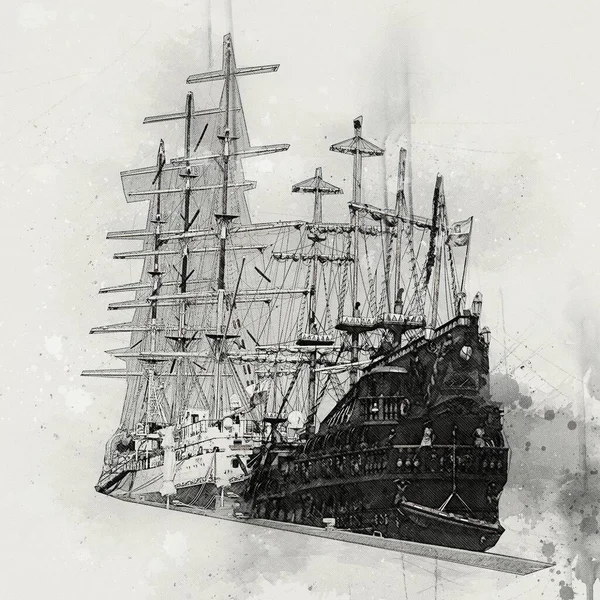 Antique Boat Sea Motive Drawing Handmade Illustration Art Vintage Drawing — Stock Photo, Image