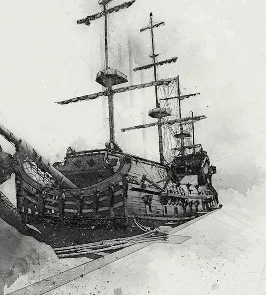 Antique Boat Sea Motive Drawing Handmade Illustration Art Vintage Drawing — Stock Photo, Image