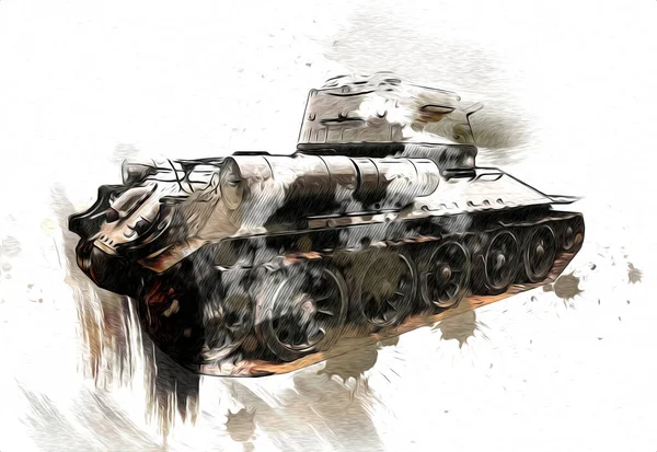 Jahrgang Der Panzer Isoliert Zeichnung Skizze Kunst Illustration — Stockfoto