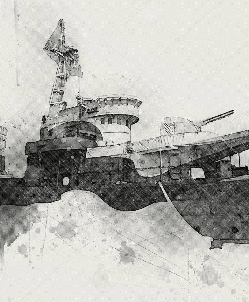 Battleship sea illustration antique vintage art drawing