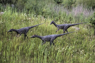 Dinozorlar Parkı. Doğanın arka planında bir dinozor. Lunaparktaki oyuncak dinozorlar..