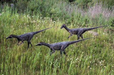 Dinozorlar Parkı. Doğanın arka planında bir dinozor. Lunaparktaki oyuncak dinozorlar..