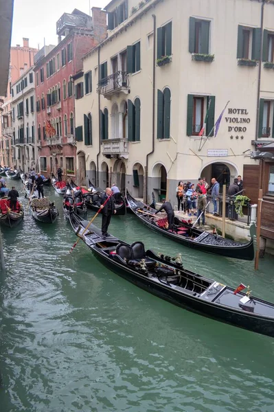 Gondolero Veneciano Punting Góndola Través Aguas Del Canal Verde Venecia — Foto de Stock