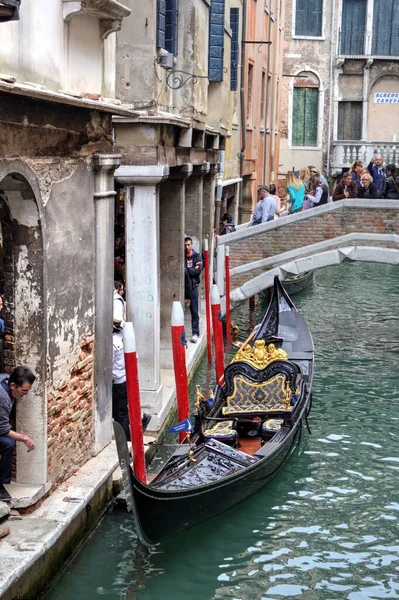 Venetian Gondolier Punting Gondola Green Canal Waters Venice Italy — Stock Photo, Image