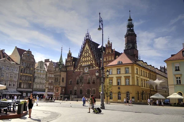 Marktplatz Mit Rathaus Wroclaw Polen Frühen Morgen Buntes Stadtkonzept — Stockfoto