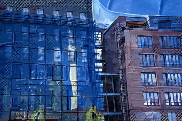青い空に向かって多くの窓があるベルリンの建物の角 — ストック写真