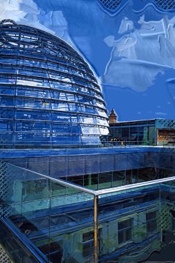 Berlin Almanya, Reichstag Binası 'nın çatısı ve aydınlatılmış cam kubbesi.