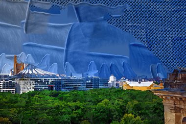 Berlin gökdeleni TV kulesi ve günbatımında Spree nehri, Almanya