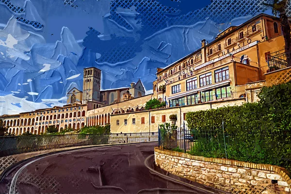 Cityscape Assisi Bazylika Klasztor Włochy Vintage Retro — Zdjęcie stockowe