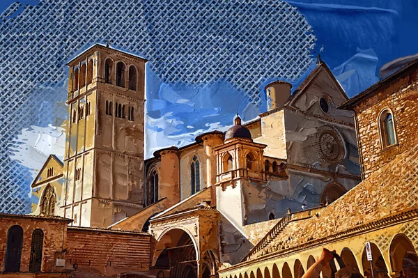 Paesaggio Urbano Assisi Basilica Monastero Italia Vintage Retrò — Foto Stock