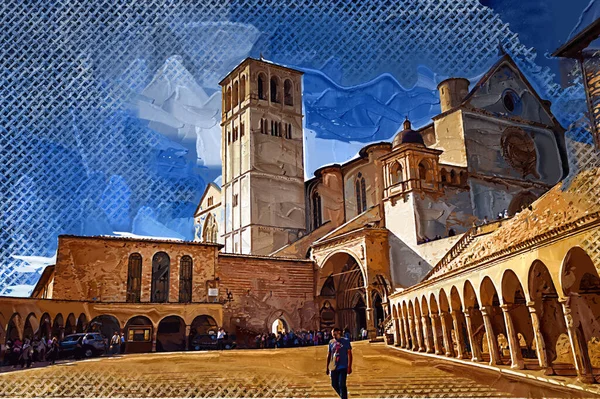 Stadsgezicht Assisi Basiliek Klooster Italië Vintage Retro — Stockfoto