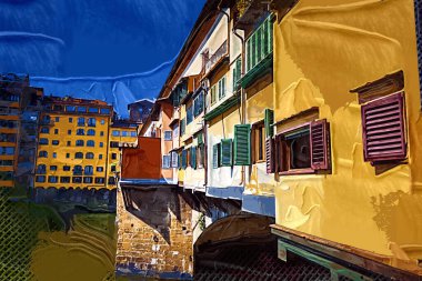 Floransa, Toskana, İtalya 'daki Arno Nehri üzerindeki Ponte Vecchio ortaçağ taş köprüsünün havadan görünüşü. Floransa şehir manzarası. Floransa mimarisi ve simgesi.