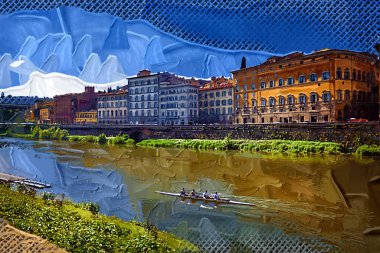 Floransa, Toskana, İtalya 'daki Arno Nehri üzerindeki Ponte Vecchio ortaçağ taş köprüsünün havadan görünüşü. Floransa şehir manzarası. Floransa mimarisi ve simgesi.