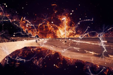 Beyaz kumlu güzel bir sahil, yaz tatili sanat çizimleri için doğal arka plan.