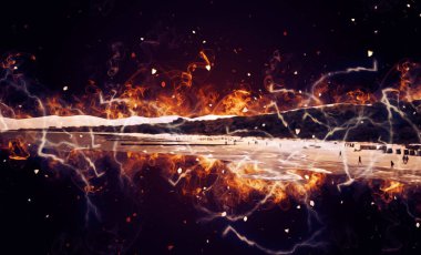 Beyaz kumlu güzel bir sahil, yaz tatili sanat çizimleri için doğal arka plan.