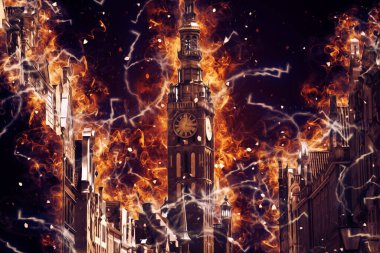 Polonya 'daki Gdansk şehrinin mimarisinin güzel bir görüntüsünün suluboya çizimi veya çizimi